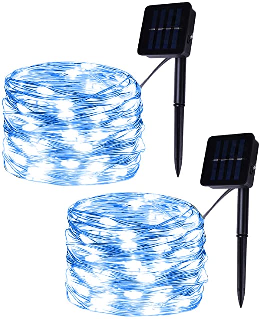Set of 2 Solar Powered 100-LED String Lights, Blue Copper Wire Fairy Lights, Decoration Garden Lights, Solar Christmas Lights for Outdoor