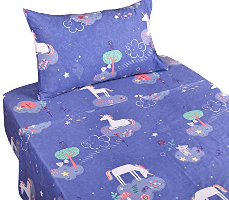 J-pinno Unicorn Dreaming Playing Twin Sheet Set for Kids Girl Children,100% Cotton, Flat Sheet + Fitted Sheet + Pillowcase Bedding Set