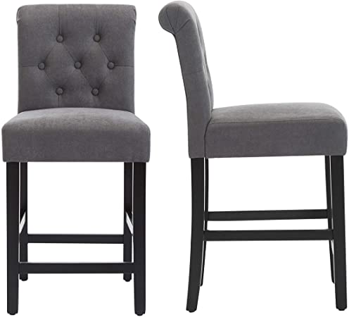 LSSBOUGHT 24 Inches Stylish Fabric Counter Height Stools with Solid Wood Legs, Set of 2 (Gray)