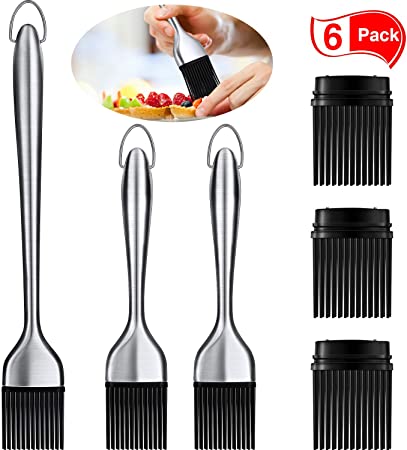 6 Pieces Stainless Steel Basting Brush Set, Including 3 Pieces Oil Heat Resistant Pastry Brushes (2 Sizes) and 3 Pieces Black Replacement Silicone Brush Heads for Barbeque Baking Cooking Tool