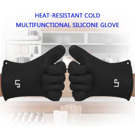 LP Silicone Heat Resistant Grilling BBQ Gloves (Pair) for Cooking Camping Baking Smoking Potholder Fireplace Black
