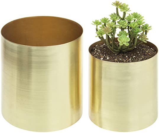 MyGift Cylindrical Brushed Brass Plated Planter Pots, Set of 2