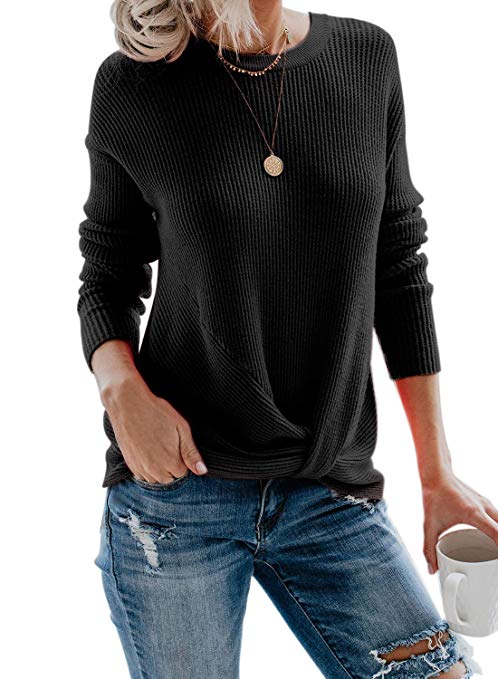 EVALESS Women Sweater Long Sleeve Front Twist Pullover Jumper Tops