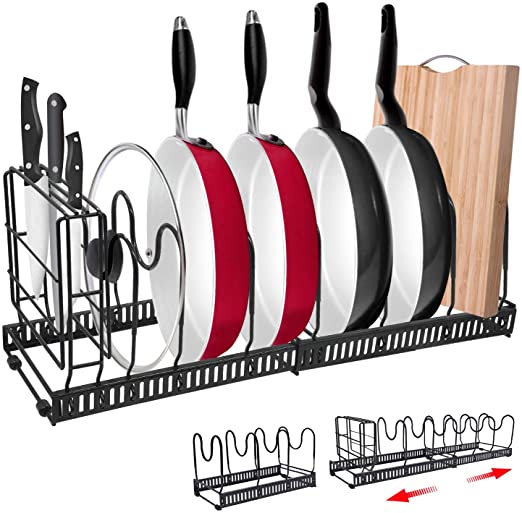 Expandable Pan Rack Organizer with Knife Holder,G-TING 7 Adjustable Pot Lid Holders Bakeware Rack,Kitchen Cookware Pantry Cabinet Storage Rack with 7 Expandable Adjustable Dividers (Up to 23”) (Black)