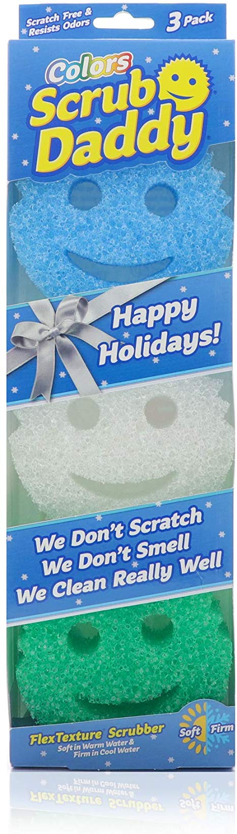 Scrub Daddy Sponge Set - FlexTexture Sponge, Soft in Warm Water, Firm in Cold, Deep Cleaning, Dishwasher Safe, Multi-use, Scratch Free, Odor Resistant, Functional, Ergonomic, 3ct (Holiday Colors)
