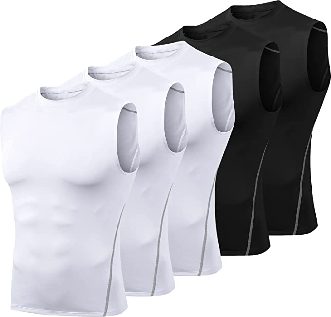 Odoland 5 Pack Mens Sleeveless Compression Shirt, Dry Fit Athletic Gym Workout Tank Tops, Muscle Sport Running Base Layer