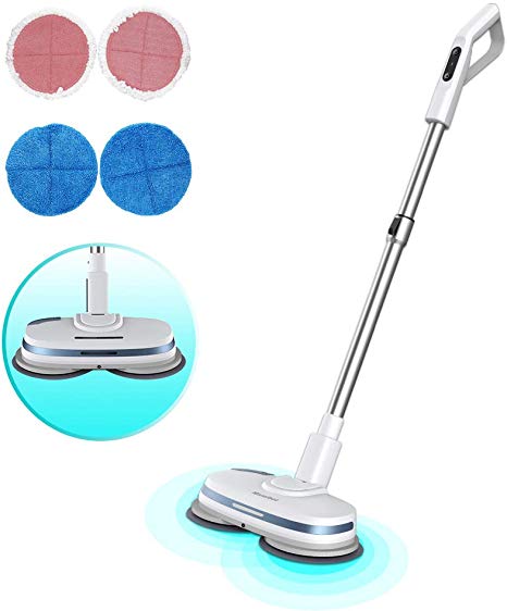 Mamibot Cordless Electric Mop Dual Spin Mopping Polisher 3-in-1 Scrubber Waxer Floor Cleaner 180°Rotation Rechargeable with Water Spray,LED, Adjustable Handle and 4 Replaceable Mop Pads for Wooden Tile Marble Vinyl and Laminated Flooring(White)