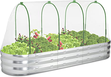 POTEY Raised Garden Bed with Greenhouse Galvanized Planter Box with 2 Greenhouse Cover for Outdoor Gardening Garden Box for Fruit, Vegetable, Flower, Herbs and Strawberry Plant