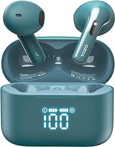 TOZO T21 Wireless Earbuds Bluetooth Headphones Semi in Ear with LED Digital Display, Dual Mic Call Noise Cancelling with Wireless Charging Case IPX8 Waterproof for Phone Laptop Green