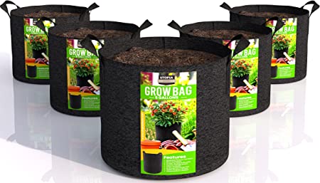 Utopia Home 5-Pack 5 Gallon Fabric Grow Bags, Heavy Duty Thickened Fabric Planters Pots, Aeration Fabric Pots with Handles, Nonwoven Fabric Bags Suitable for Vegetables Flowers Mushroom (Black)