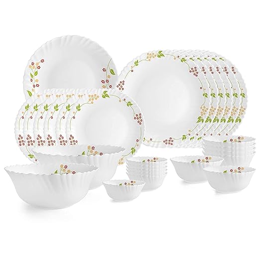 Cello Opalware Dazzle Series Secret Garden Dinner Set, 27Pcs | Opal Glass Dinner Set for 6 | Light-Weight, Daily Use Crockery Set for Dining | White Plate and Bowl Set