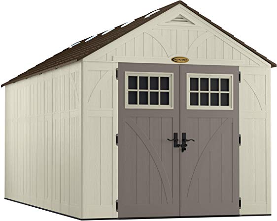 Suncast 16' x 8' Tremont Storage Shed - Natural Wood-Like Outdoor Storage for Power Equipment and Yard Tools - All-Weather Resin Material, Skylights and Shingle Style Roof