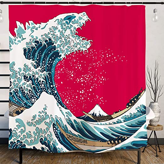 Ofat Home Japanese Hokusai Creative The Great Wave Painting Artistic Shower Curtain with Hooks 72''x72'' Waterproof Fabric Shower Curtain for Bathroom
