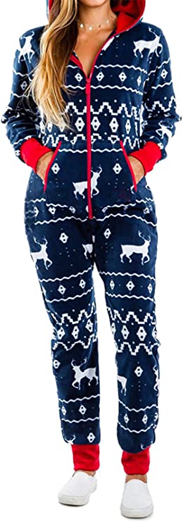 Women's One Piece Onsies Sleepwear Ugly Christmas Pajamas Hooded Jumpsuit Rompers Clubwear Nightwear