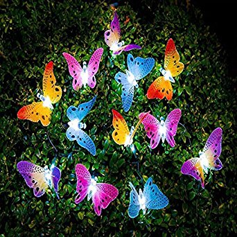 Multi-Color Solar Fiber Optic Butterfly Fairy String Lights 12LED, Colorful Lights Outdoor Decoration for Garden, Lawn, Patio, Wedding, Party, Bedroom