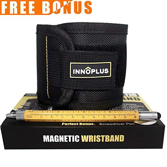 Magnetic Wristband Super Strong 10 Magnets, INNOPLUS Tool Armband for Holding Screws, Nails, Bolts, Drill bits, and Other Small Metal Tools(with A Screwdriver Pen) (gold)