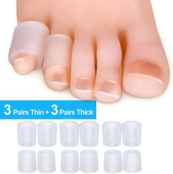 Sumifun Toe Protectors, Toe Sleeves Silicone Small Gel Corn Protectors for Runners,Blisters, Shoes, Sandal Transparent Pinky Toe Pain Relief (3 Thin Pairs  3 Thick Pairs)