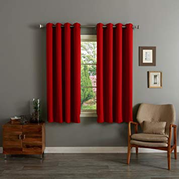 RAYYAN LINEN THERMAL WOVEN RING TOP EYELET BLACKOUT CURTAINS [RED 46" x 54"] READY MADE INCLUDING TIE BACKS