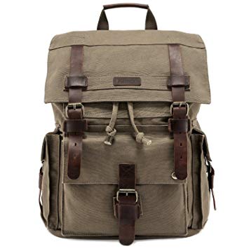 Kattee Men's Canvas Leather Hiking Travel Backpack Rucksack School Bag