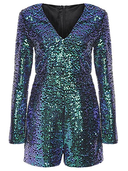 ROMWE Women's Long Sleeve V Neck Sequin Bodycon Party Romper Dress