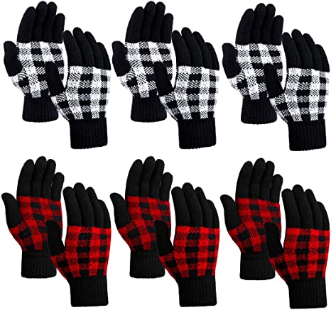 Cooraby 6 Pairs Adults Winter Gloves Stretchy Knitted Gloves Buffalo Plaid Gloves for Men and Women