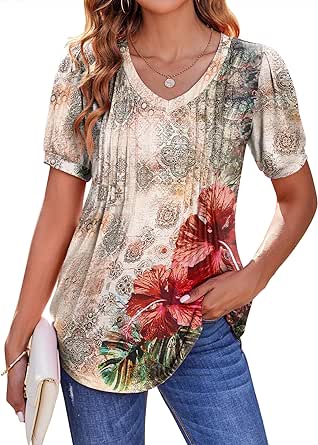 Zeagoo Women's Puff Short Sleeve Boho Shirts Casual V Neck Floral Solid Summer Blouse Pleated Casual Tunic Top