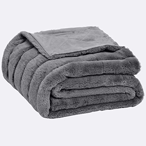 AmazonBasics Faux Fur Striped Throw Blanket - 63 x 87 Inch, Grey