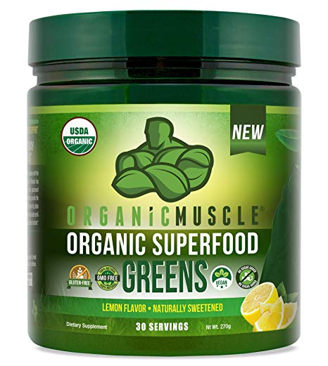 Certified Organic Superfood Greens Powder | Green Juice Supplement for Energy, Detox, Immune Support & Gut Health w/Prebiotic & Probiotic Blend | Vegan, Non-GMO, Lemon Flavor, 30 Serv | ORGANIC MUSCLE
