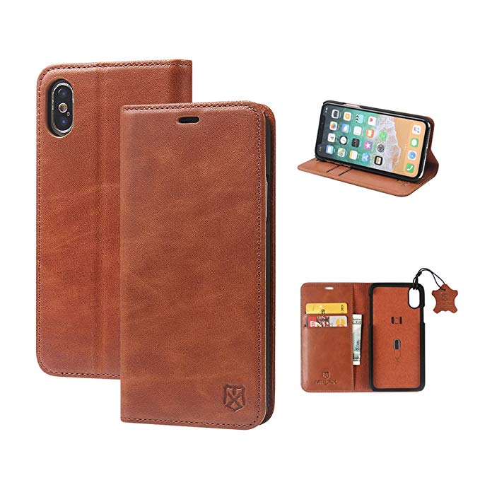 MTRONX iPhone X Case, iPhone 10 Case, Genuine Leather Wallet Case Magnetic Closure Auto Sleep/Wake Function Slim Flip Cover with Kickstand and Card Slot for Apple iPhone X iPhone 10 - Brown(RLXD-BN)