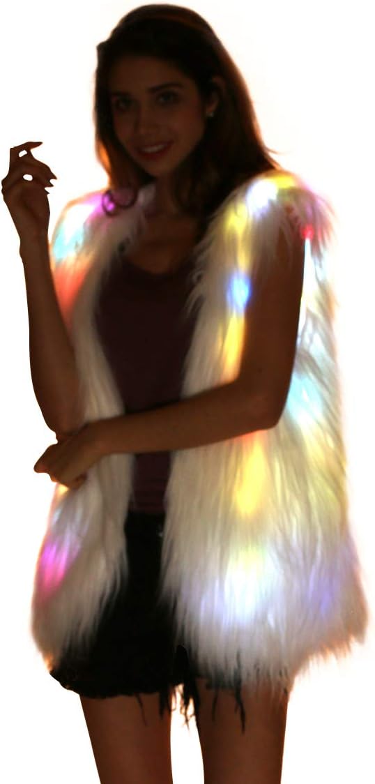 Women Faux Fur Outwear Winter Light Up Burning Glow Fluffy Sparking Rainbow LED Costume Waistcoat