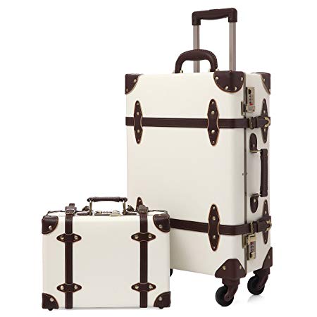 Travel Vintage Luggage Sets Cute Trolley Suitcases Set Lightweight Trunk Retro Style for Women Holy White 22"