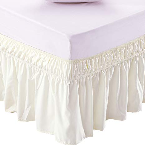MEILA Three Fabric Sides Wrap Around Elastic Solid Bed Skirt, Easy On/Easy Off Dust Ruffled Bed Skirts 16 Inch Tailored Drop (Ivory Queen/King)
