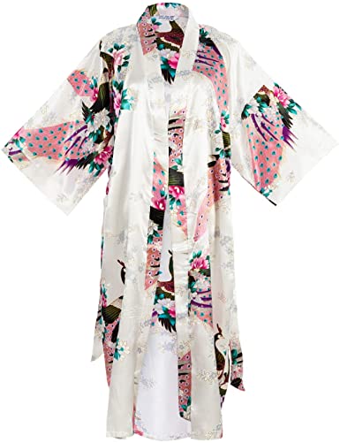 Asian Home Flower Peacock Satin Silk Kimono Robe, Dressing Gown, Bridal, Gift, One Size Fits Most