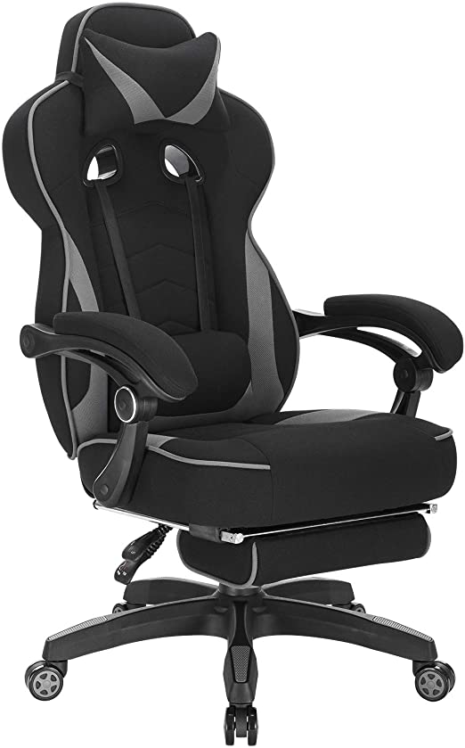 WOLTU Racing Chair Executive Computer Gaming Office Chair Recline the Back 90-135 Degrees Ergonomic Design with Lumbar Cushion Footrest and Headrest High Back Black and Grey Fabric