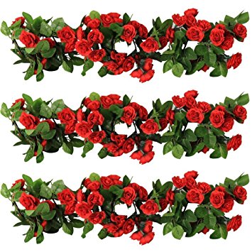 YILIYAJIA 3PCS Artificial Rose Garlands, Silk Fake Rose Flowers Green Leaves Vine for Home Hotel Office Wedding Party Garden Craft Art Decor (red)