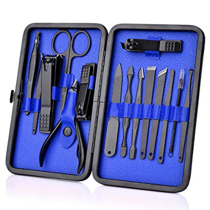 15 in 1 Manicure Pedicure Set Nail Clippers - HailiCare Steel Fingernail & Toenail Clippers Stainless Professional Pedicure Kit Nail Scissors Grooming Kit with Black Leather Travel Case (Blue)