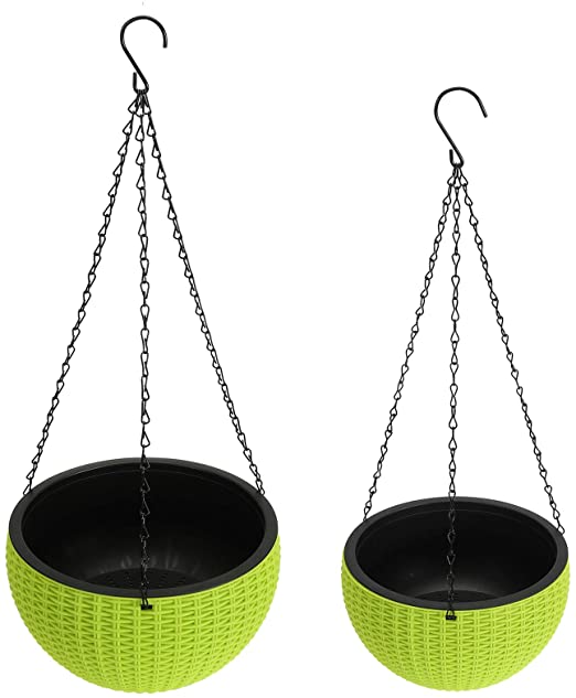 Foraineam 2-Pack Dual-pots Design Hanging Planters Self-Watering Garden Plant Pots Indoor Outdoor Flower Hanging Baskets with Drainer and Hanging Chain, 2 Size Assorted