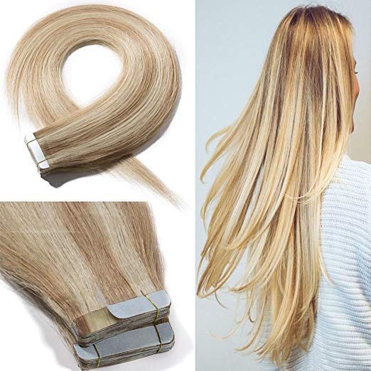 16" Remy Tape in Hair Extensions Human Hair Highlight 30g #18/613 Ash Blonde Mix Bleach Blonde Thin Long Straight Hair Seamless Skin Weft Invisible Double Sided Tape 20pc/pack 10 Free Tape Bonds