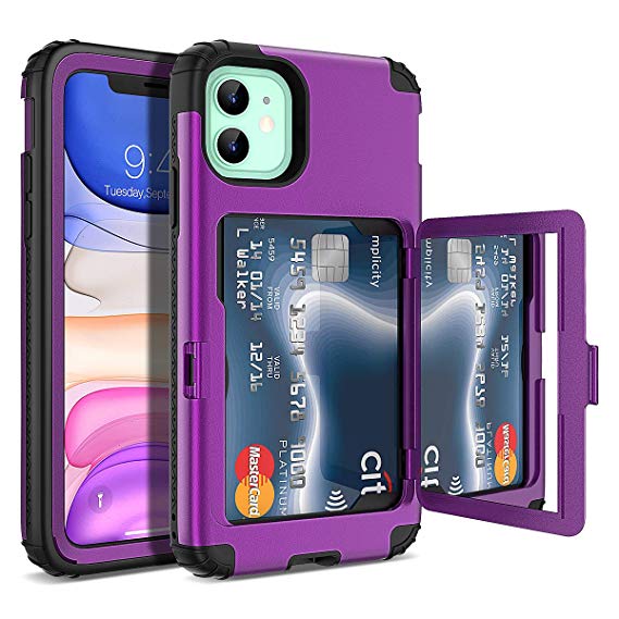 iPhone 11 Wallet Case - WeLoveCase Defender Wallet Credit Card Holder Cover with Hidden Mirror Three Layer Shockproof Heavy Duty Protection All-Round Armor Protective Case for Apple iPhone 11 Purple