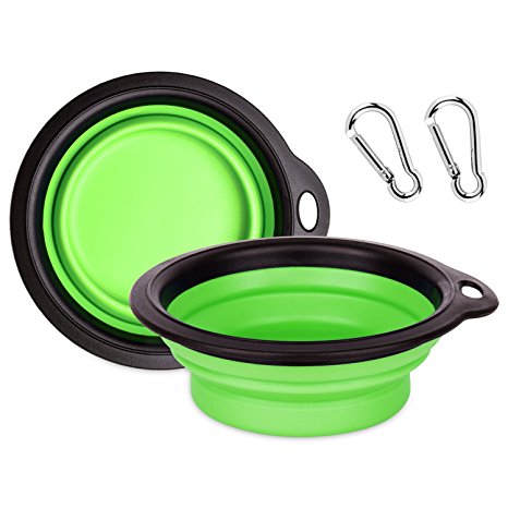 PET BOWL, Multifunctional Foldable Silicone Bowl for Pet- Retractable Travel Protable Water Bowl/Dish with a Metal Carabiner, Also Can be Used as Frisbee Toy for Dogs & Cats (Green)
