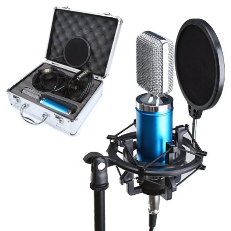 Crenova MC-07 Professional Diaphragm Microphone Vocal Dynamic Studio Broadcasting Recording Condenser Microphone Kit Diaphragm Microphone  Metal Microphone Shock Mount  Pop Filter Mask  Audio Cable  Aluminum Case