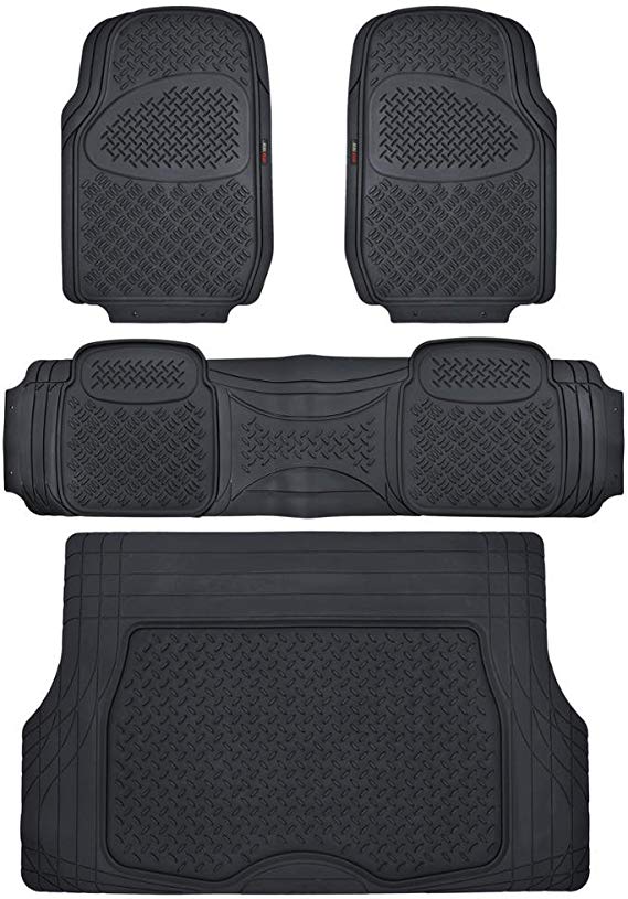 Motor Trend Odorless Black Heavy Duty SUV 4 Piece Floor Mats - Universal Fit 2 Row and Trim to Fit Trunk Cargo Liner