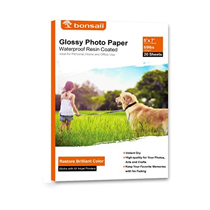 Bonsaii Glossy Photo Paper,Waterproof Resin Coated,5x7 Inches,20 Sheets