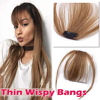 Clip in Hair Bangs Human Hair Clip on Hair Fringe Extensions Flat Wispy Air Fringe Thin with Temple for Women One-piece 5" Hairpiece #6 Light Brown