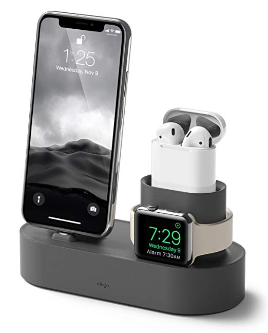 elago Charging Hub [Dark Grey] - [3 in 1 Charging Stand] - for Apple Watch Series 4 (2018)/3/2/1; Apple AirPods ; iPhone Xs/XS Max/XR/X/8/8 Plus, and All iPhone Models