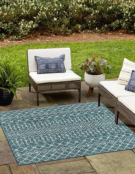 Unique Loom Outdoor Trellis Collection Area Rug - Tribal Trellis (10' 8" Square, Teal/ Ivory)