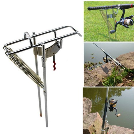 Obecome Stainless Steel Double Spring Fishing Rod Holder Rack with Automatic Tip-Up Hook Setter