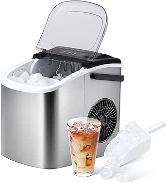 YSSOA Portable Ice Maker for Countertop, 6 Mins 9 Ice Cubes, 26lbs Ice/24H, Self-Cleaning, with Ice Spoon and Basket, for Home/Kitchen/Office/Camping/Party, Silver