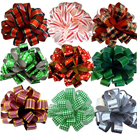 Assorted Large Christmas Pull Bows for Gifts, Wreaths, Garlands - 8" Wide, Set of 9, Red, Green, White, Gold, Striped, Plaid