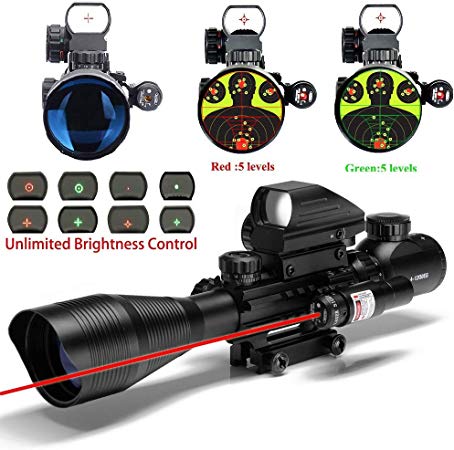 UUQ C4-12X50 Rifle Scope Dual Illuminated Reticle W/Green(RED) Laser Sight and 4 Tactical Holographic Dot Reflex Sight (12 Month Warranty)